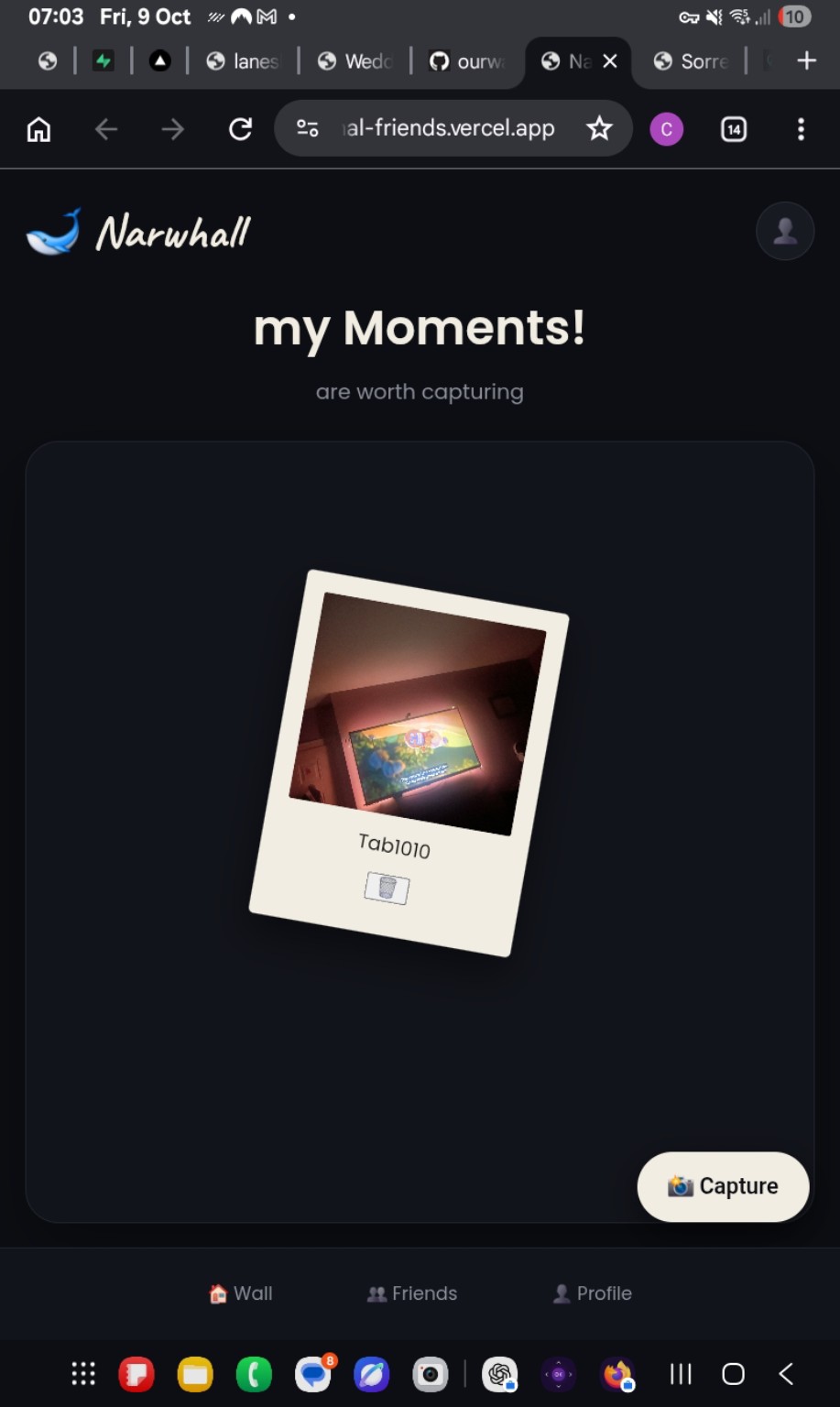 Narwhall social app: a dark Moments wall with a Polaroid photo, Capture button, and Wall, Friends and Profile navigation